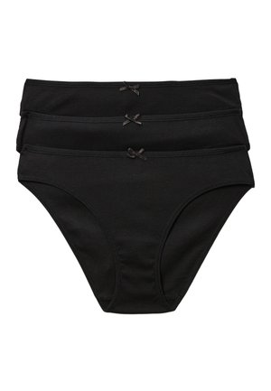 Trois slips en coton pour femmes noirs empilés, chacun présentant un petit nœud centré sur la ceinture.
