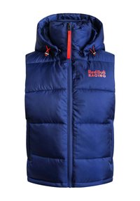 Ναυτικού μπλε γιλέκο πούφφερ με αποσπώμενη κουκούλα, που διαθέτει μπροστινό φερμουάρ και κόκκινες λεπτομέρειες. Το λογότυπο της Red Bull Racing είναι εμφανώς τοποθετημένο.