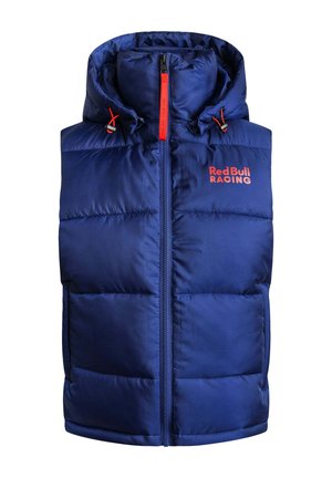 Gilet imbottito blu navy con cappuccio removibile, dotato di zip frontale e dettagli rossi. Il logo Red Bull Racing è ben visibile.