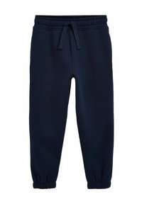 Mörkblå sweatpants i mjukt tyg, med elastisk midja och justerbar snörning samt avsmalnande mudd vid anklarna.