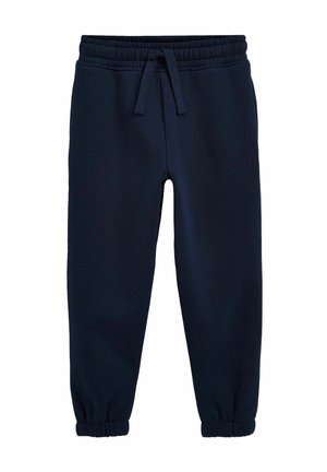 Mörkblå sweatpants i mjukt tyg, med elastisk midja och justerbar snörning samt avsmalnande mudd vid anklarna.