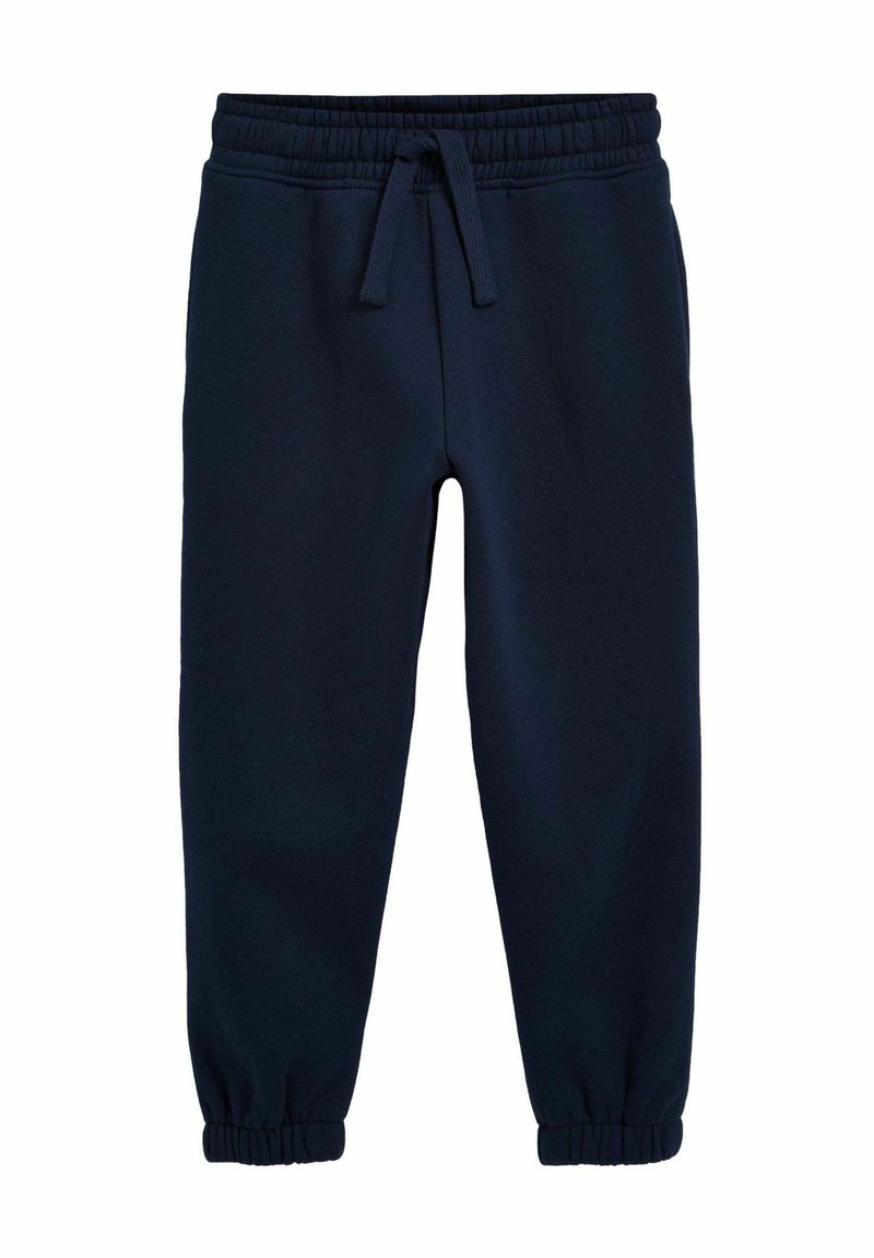 Mörkblå sweatpants i mjukt tyg, med elastisk midja och justerbar snörning samt avsmalnande mudd vid anklarna.