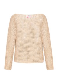 Beige gestrickter Pullover mit einem lockeren, offenen Maschenmuster, langen Ärmeln und einem weiten Ausschnitt. Etikett oben sichtbar.