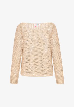 Bees värvitud kudum, millel on lahti ja avatud koepits, pikad varrukad ja lai kaelus. Sildil on nähtav ülaosa.