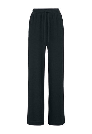 Zwarte sweatpants met trekkoord, gemaakt van zachte stof. Ze hebben een ontspannen fit en brede benen voor comfort. De stof is glad en heeft geen patronen of accenten.