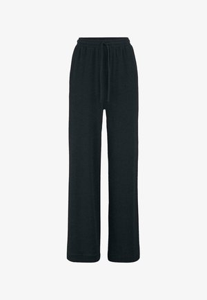 Schwarze Sweatpants mit Kordelzug, hergestellt aus weichem Stoff, mit lockerer Passform und weit geschnittenen Beinen für zusätzlichen Komfort. Glatte Textur, keine Muster oder Akzente.