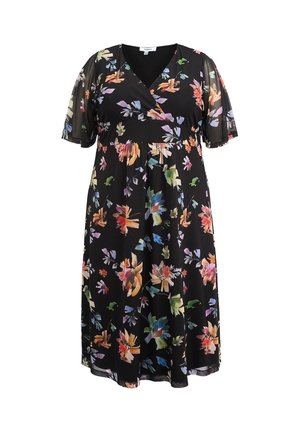 Robe noire mi-longue avec imprimé floral multicolore, décolleté en V et manches courtes transparentes.