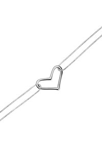 Srebrny naszyjnik z sercowym wisiorkiem, o gładkim kształcie i cienkim łańcuszku, prezentujący minimalistyczny design i rzemiosło.