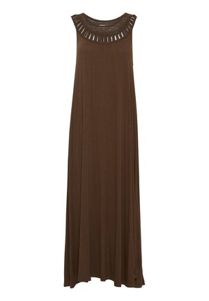 Robe maxi sans manches marron avec un col en crochet texturé et des fentes verticales. Tissu doux avec une silhouette fluide, tombant doucement jusqu'au sol.