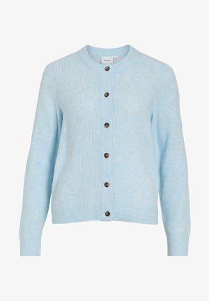 Light blue ribbed cardigan with long sleeves, round neckline, and five brown buttons along the front. Soft texture with subtle color variation.