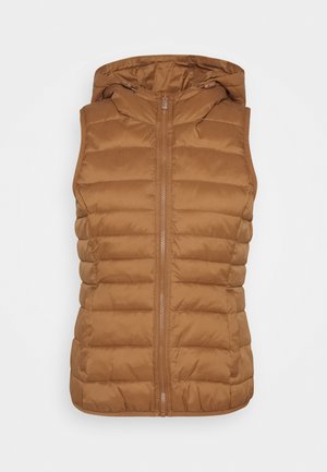 Braune gepolsterte Weste mit Kapuze, ausgestattet mit einem Reißverschluss vorne und gestepptem Design. Glattes, leichtes Nylonmaterial mit leicht glänzender Oberfläche.