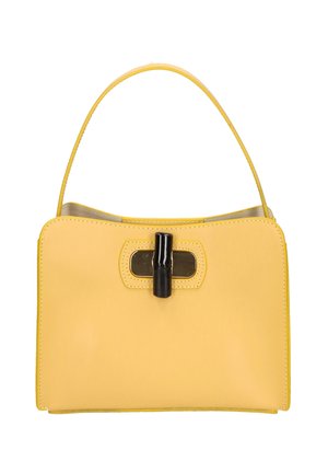 Borsa a mano in pelle gialla con un unico manico superiore e una chiusura rettangolare nera al centro anteriore.