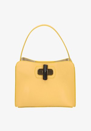 Borsa a mano in pelle gialla con un unico manico superiore e una chiusura rettangolare nera al centro anteriore.