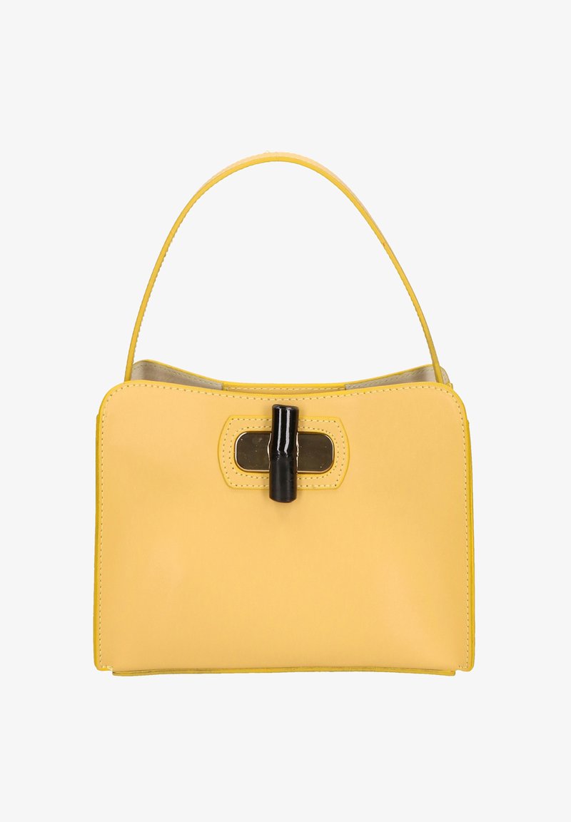 Gele leren handtas met een enkele bovenhandgreep en een zwarte rechthoekige sluiting aan de voorzijde in het midden.