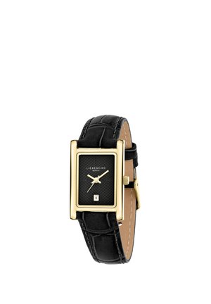Rechteckige goldene Uhr mit schwarzem strukturiertem Zifferblatt, goldenen Zeigern, Datumsanzeige und schwarzem Lederarmband mit Nahtdetail.