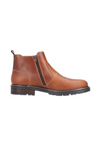 Brown leather ankle boots with side zippers, round toe, stitched detailing, and a textured rubber sole. Lightweight and durable design.
