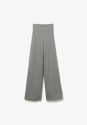 Grijze wijde broek van een zachte, gestructureerde stof met een hoge tailleband, met een eenvoudige, strakke uitstraling zonder patronen of versieringen.