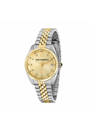 Zweifarbige Armbanduhr aus Silber und Gold mit goldenem Zifferblatt, Diamant-Stundenmarkierungen, Datumsanzeige bei 3 Uhr und KARL LAGERFELD-Logo auf dem Zifferblatt.
