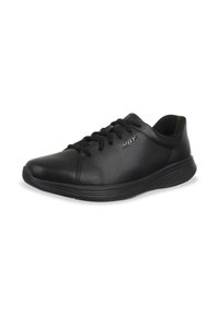 Sneaker in pelle nera con punta rotonda, design con lacci, pannello laterale testurizzato e suola imbottita. Presenta un marchio discreto sul lato.