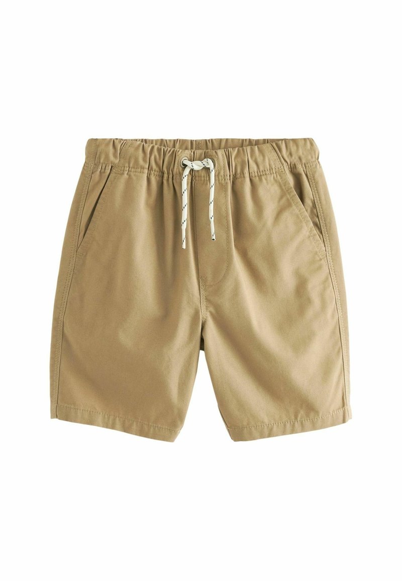 Pantaloni corti beige realizzati in materiale traspirante, dotati di una vita con cordoncino e accenti in contrasto, oltre a due tasche laterali.