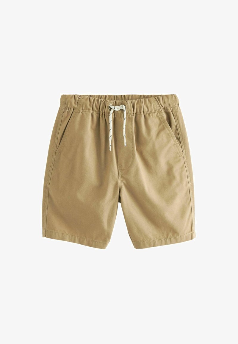 Shorts beiges en matériau respirant, dotés d'une taille élastique avec cordon de serrage et accents contrastants, ainsi que de deux poches latérales.