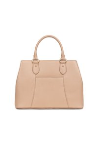 Borsa a mano in pelle beige con doppi manici superiori, design strutturato, superficie testurizzata e sottili dettagli di cucitura sul davanti.