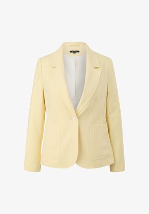 Yellow blazer with a notched collar, two front pockets, single button closure, and a smooth fabric texture. Lined interior visible.