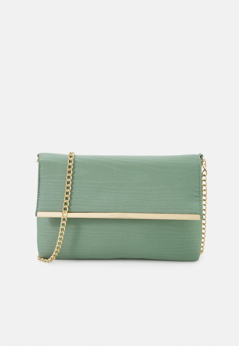 Green textured clutch bag with a gold horizontal bar and matching gold chain strap on a white background.