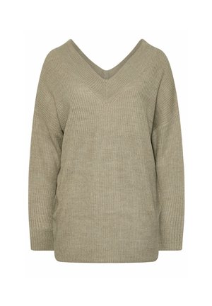 V-Ausschnitt, oversized Pullover in hellem Olivgrün. Rippstruktur mit fallenden Schultern und langen Ärmeln. Keine sichtbaren Beschläge oder Akzente.