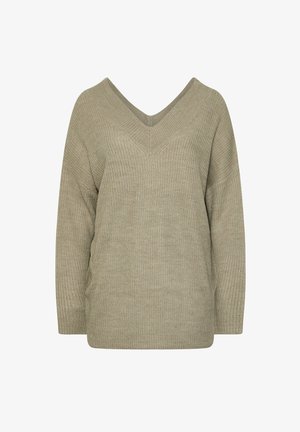 Pull oversized à col en V, de couleur vert olive clair. Texture côtelée avec épaules tombantes et manches longues. Pas de quincaillerie ni d'accents visibles.