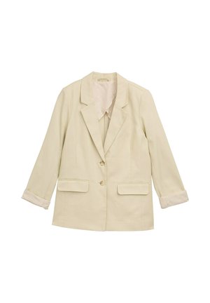 Lichtbeige blazer met een reverskraag, twee voorzakken en twee knopen. Heeft opgerolde mouwen en een subtiel streepdessin.