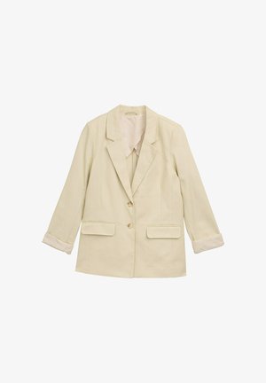 Lichtbeige blazer met een reverskraag, twee voorzakken en twee knopen. Heeft opgerolde mouwen en een subtiel streepdessin.