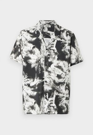 Koszula z krótkim rękawem w czarno-biały wzór z liśćmi palmy. Wykonana z lekkiej tkaniny, zapinana na guziki, z kołnierzykiem.
