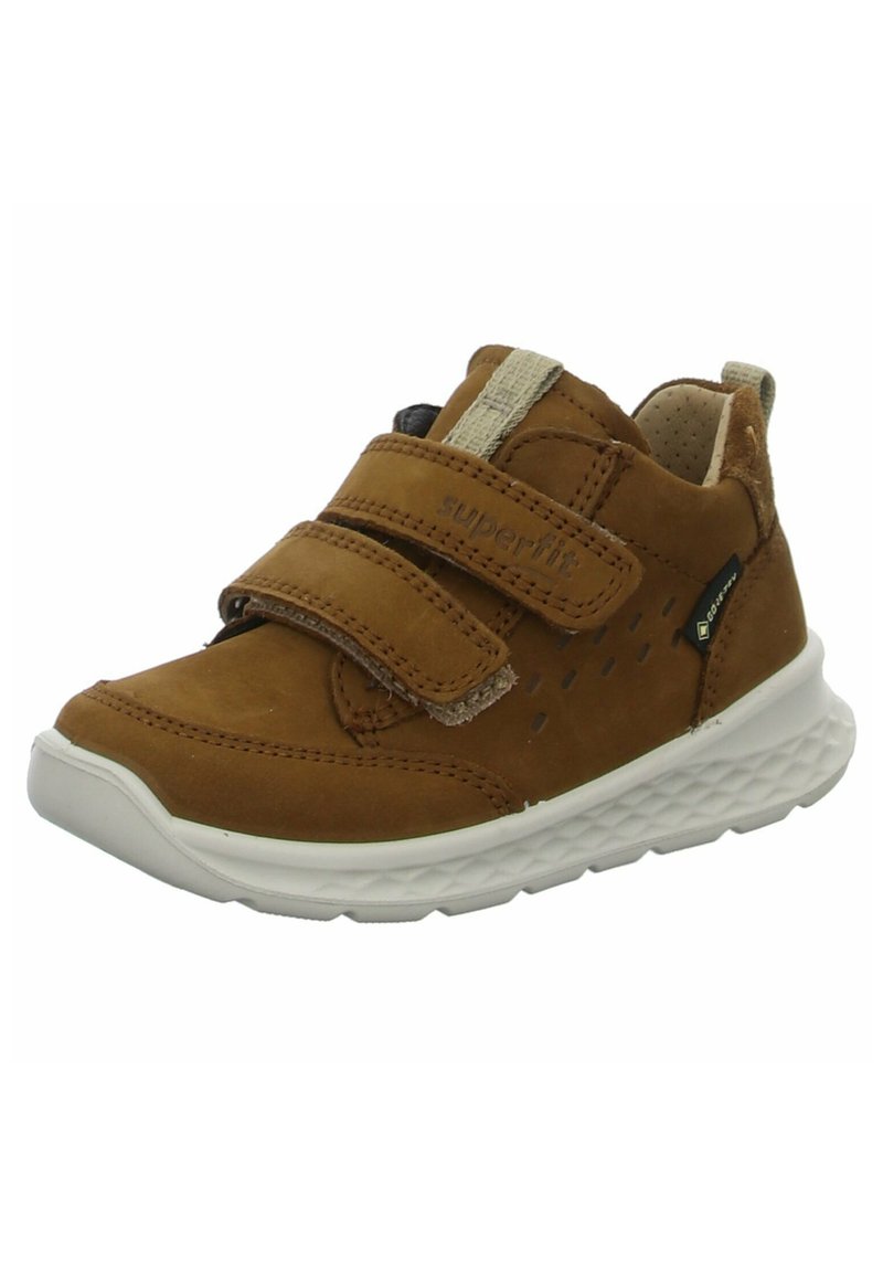 Scarpa per bambini in pelle marrone con strap in Velcro, dettagli testurizzati e suola in gomma bianca con motivo a diamante. Design impermeabile.
