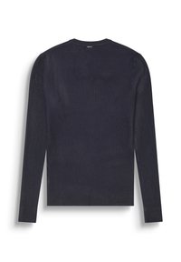 Donker marineblauwe lange mouw geribbelde gebreide trui met verschillende textuurpatronen op de achterkant en mouwen, plat gelegd op een witte achtergrond.