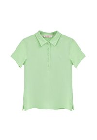 Ljusgrön polo t-shirt i mjukt tyg, med knäppning fram, korta ärmar och en liten broderad logotyp på vänster bröst.