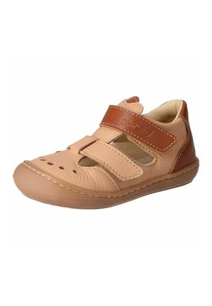 Tan leather children's sandal with two adjustable velcro straps, cutout details on top, and a brown heel patch.