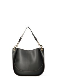 Borsa a mano in ecopelle nera opaca con forma arrotondata, accessori in tonalità oro e cuciture a contrasto. Presenta un pannello frontale curvo e una tracolla.