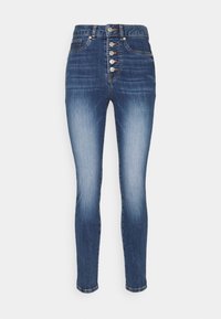 Högmidjade, smala jeans i medelblå denim. Har femknappsslutning, framfickor och en lätt blekt finish.