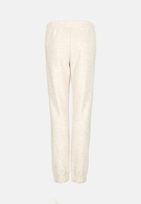 Helle beige Jogginghosen aus weichem, strukturiertem Stoff mit einem elastischen Bund und eng anliegenden Bündchen an den Knö cheln. Schlichte Gestaltung, ohne Muster.