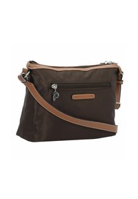 Borsa a tracolla in nylon marrone con finitura testurizzata, hardware argentato, dettagli in pelle color beige, tracolla regolabile e tasche con zip.