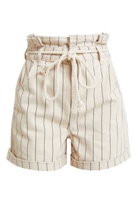 Béžové bavlněné šortky s černými vertikálními pruhy, se zavazováním v pase na provazový šňůrku a ohrnutými lemy, navržené s předními kapsami.