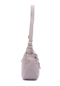 Borsa a tracolla in pelle grigia con un'unica cinghia, dotata di hardware dorato, superficie testurizzata e tasche con zip laterali per un tocco di dettaglio.