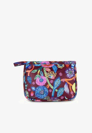 Tasje met bloemenpatroon in diep bordeauxrood, versierd met kleurrijke bloemen en bladeren. Gemaakt van stof, met een ritssluiting en zijhengsel.