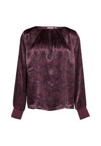 Langarm blouse in diep bordeauxrood met een bloemenpatroon. Heeft een gatherings manchett en een solide taille, gemaakt van zachte, lichte stof.