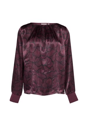 Langärmlige Bluse in tiefem Burgunderrot mit floralem Muster. Verfügt über einen gerafften Ausschnitt und feste Bündchen, gefertigt aus weichem, leichtem Stoff.