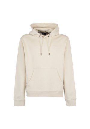 Beżowa bluza z kapturem typu pulower, kieszeń kangurka z przodu, kaptur ze sznurkiem, ściągacze na rękawach oraz małe haftowane logo na piersi.
