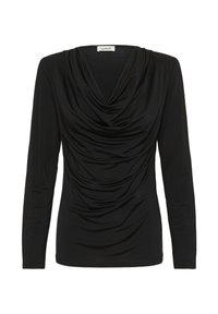 Melna ilgā piedurkņu blūze ar kapuci un saplacinātu audumu priekšā. Gluda tekstūra ar pieguļošu siluetu. Vienkāršs, minimālisma dizains.