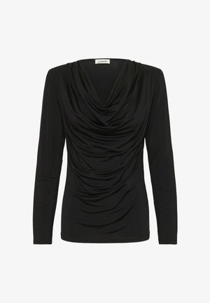Black long-sleeve top with cowl neck and gathered fabric at the front. Smooth texture with a fitted silhouette. Simple, minimalist design.