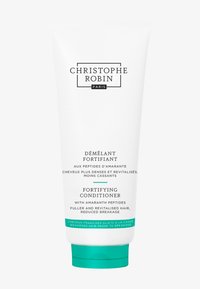 Après-shampoing fortifiant dans un tube blanc lisse, avec un accent teal à la base. Le texte comprend "Christophe Robin" et les détails du produit en noir.